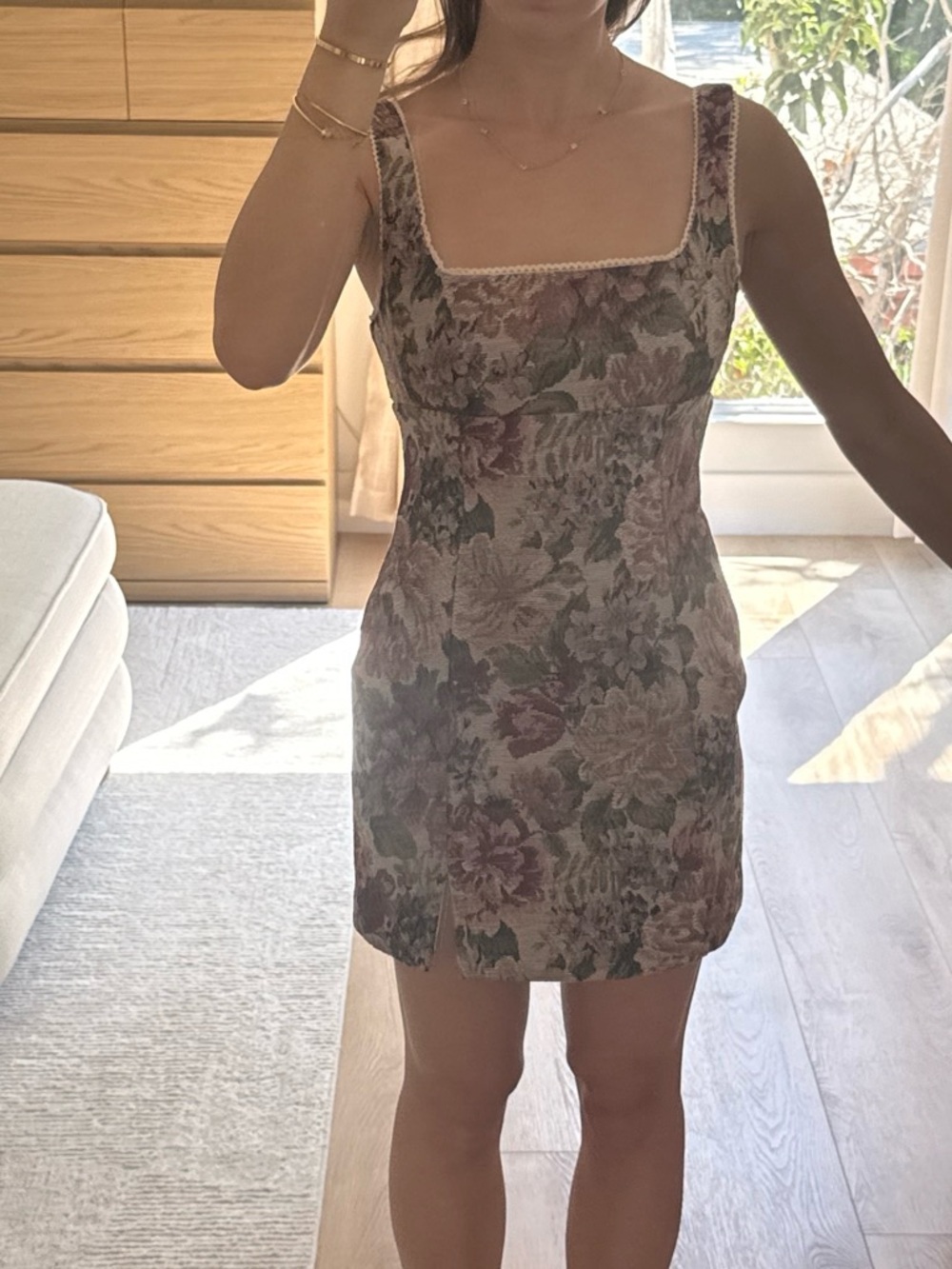 NWOT Altar’d State XS Floral Square-Neck Mini Dress in Muted Pink and Green